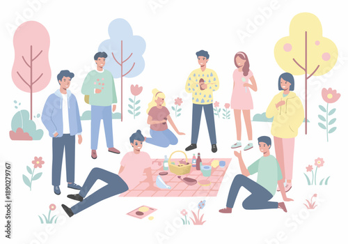 Group of diverse young friends enjoying a happy outdoor picnic in a park with food and drinks, minimalist vector illustration.