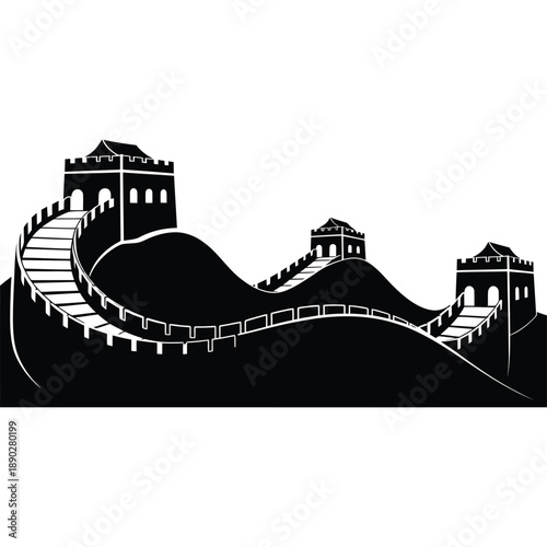 A stark black silhouette of the great wall of china winding uphill