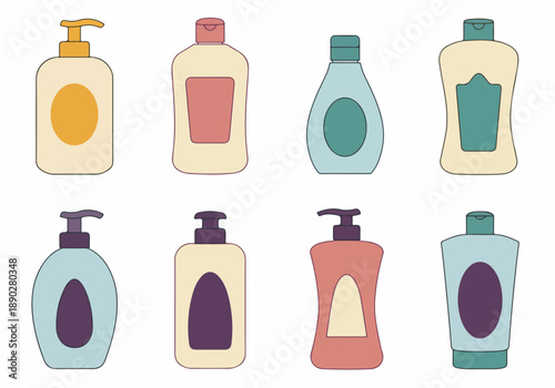 Colorful flat design collection of liquid soap, lotion, and shampoo bottles for personal care, isolated on white background.
