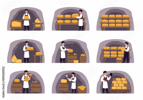 Artisanal cheesemakers in a cellar, crafting and aging gourmet cheese wheels, showcasing traditional dairy production methods and quality.