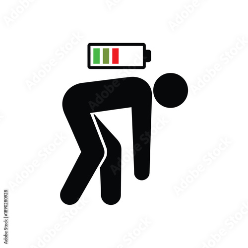 Exhausted stick figure collapsing with a low battery symbol overhead