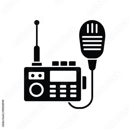 Simple black and white icon depicting a walkie talkie with microphone