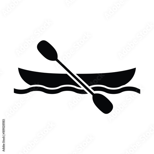 Simple black icon depicting a kayak with a single paddle on water