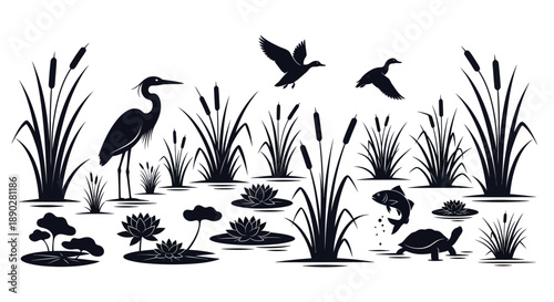 Vector illustration of wetland ecosystem with animals, featuring a heron, ducks, and turtles amidst plants and flowers on a white background, highlighting conservation and nature.