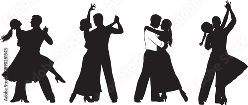 Set of elegant ballroom dancing couple silhouettes in graceful poses including tango waltz and latin dance styles isolated on white background for performing arts.