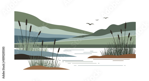 Vector illustration of a serene wetland ecosystem with a river, lake, and mountains in shades of green, featuring a duck and various plants on World Wetlands Day.