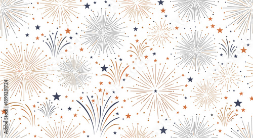 Festive fireworks and stars seamless pattern with golden and dark blue bursts of light on a clean white background.