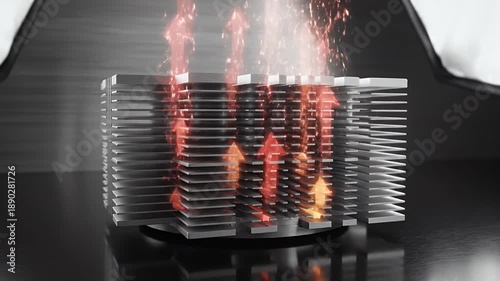 Close Up of Silver Metal Heat Sink Cooler with Red Arrows Showing Rising Temperature and Orange Sparks Floating Upward on a Dark Reflective Surface with Soft Lighting