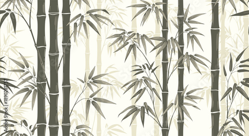 Elegant bamboo forest seamless pattern with dark green stalks and light grey leaf shadows on a pale cream background.