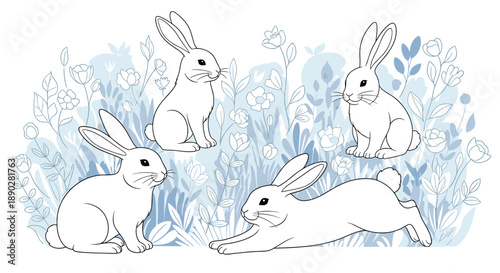 Rabbits and floral silhouettes create a serene woodland scene featuring hand drawn line art bunnies in various poses on a blue plant background.