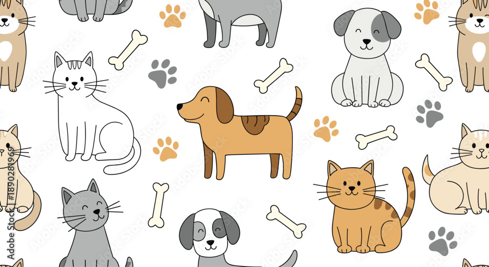 Obraz premium Cute cartoon cats and dogs with friendly faces are featured in a playful seamless pattern with bones, paw prints, and colorful accents.