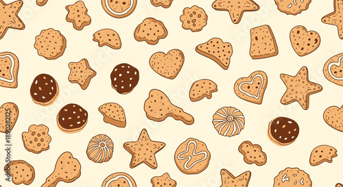 Delicious assortment of cookies and gingerbread in various shapes like hearts and stars is featured in a warm seamless pattern design.