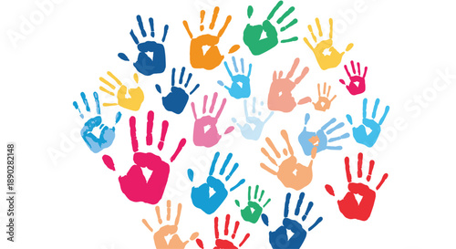 Collection of colorful human handprints arranged in a circular formation symbolizing diversity, unity, and community connection.