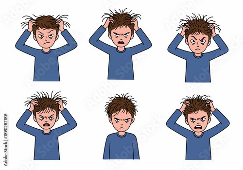Set of Cartoon Illustrations of a Frustrated Young Man with Messy Hair Expressing Stress, Anger, and Confusion, Hands on Head, on White Background.