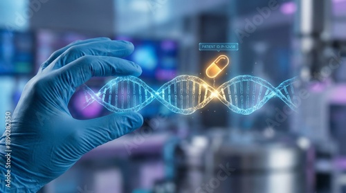 Wallpaper Mural Gloved hand holding DNA double helix with glowing capsule Torontodigital.ca