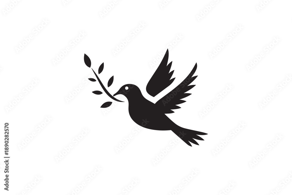 Fototapeta premium Flying dove with olive branch silhouette icon for peace hope and harmony isolated on white background
