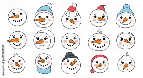 Diverse collection of cute snowman face expressions wearing different winter hats and scarves in a whimsical hand-drawn style.