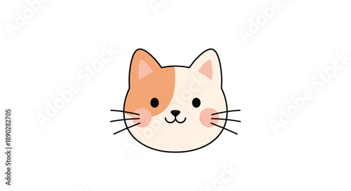 Simple and cute animal illustration of a calico cat face with big eyes and whiskers isolated on a clean white background.