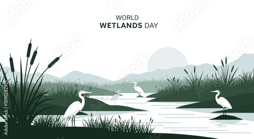 Vector illustration of World Wetlands Day with birds and plants in a serene wetland ecosystem, promoting conservation and nature.
