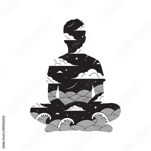 Meditating person silhouette with celestial and wave patterns serene and peaceful atmosphere