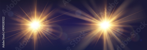 Vector transparent light beams. Light png. Special flash light effect. Glowing sunbeams effect, bright sun or spotlight beams. Decor element isolated on transparent background.