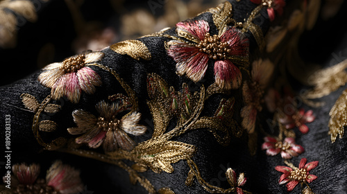 Luxury black silk fabric featuring intricate gold and pink floral embroidery with metallic thread and beaded details