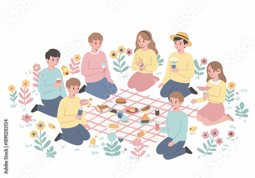 Young friends enjoying a cheerful outdoor picnic amidst a vibrant floral setting, sharing food and laughter on a sunny day.
