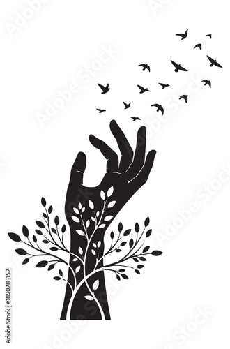 Black silhouette hand releasing birds and tree branches on white background