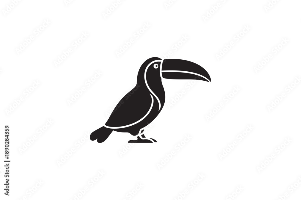 Fototapeta premium Black toucan bird on white background. Stylized iconic representation of tropical avian creature for design.
