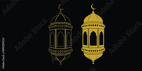 Golden Islamic lanterns hanging on dark background. Elegant Ramadan and Eid decorative vector illustration in luxury line art style. Religious celebration and festive design concept. 