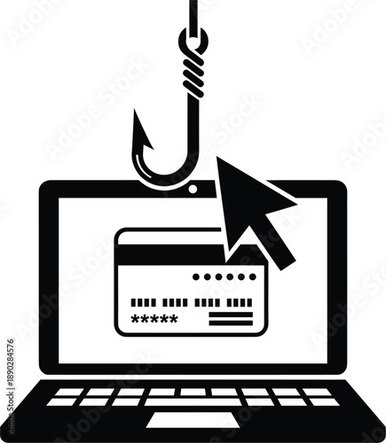 Professional vector illustration of a phishing attack showing a laptop screen credit card and a fishing hook for cyber security branding.