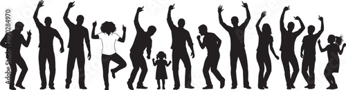 Mega collection of black human silhouettes featuring people of all ages from infants to seniors engaged in diverse activities like working reading jumping and celebrating
