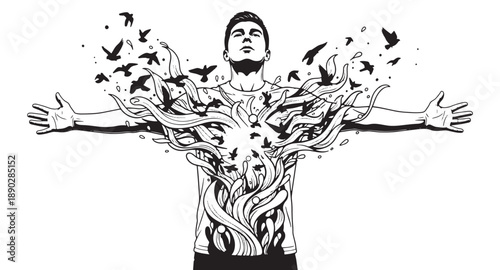 Man with tree roots and birds emerging from chest symbolizing freedom and nature