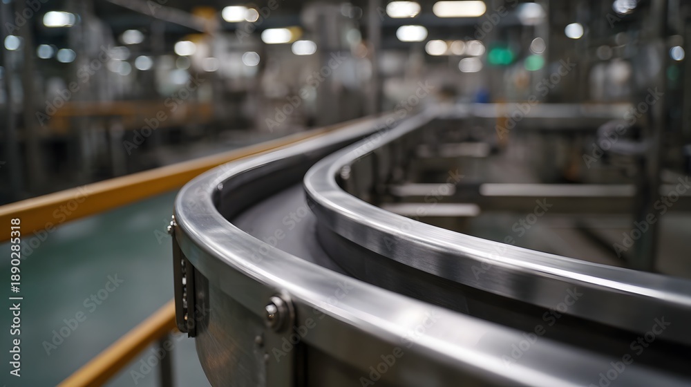 Fototapeta premium Industrial conveyor system curves through a modern factory production line