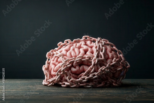 Conceptual Representation of a Brain Bound by Chains on a Dark Background Highlighting Psychological Tension