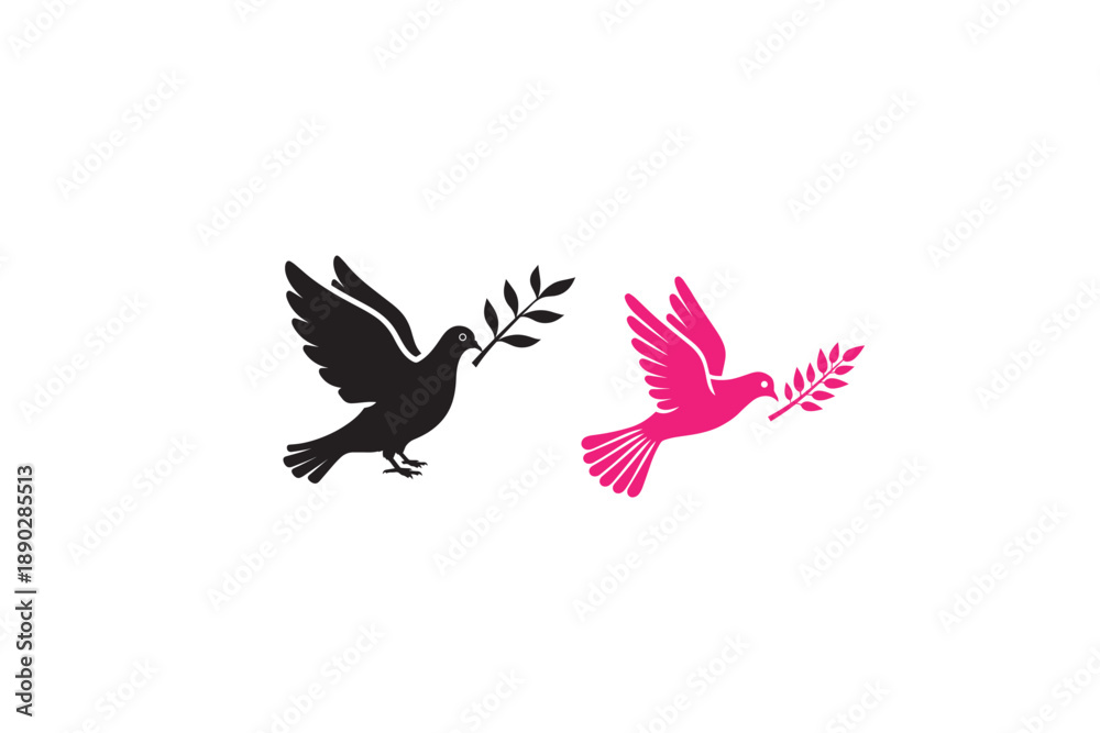 Obraz premium Two flying dove birds silhouettes holding olive branch as symbol of peace and hope in black and pink