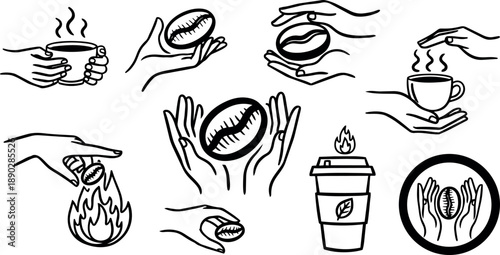 Hand drawn black line art of holding coffee cup and roasting coffee beans in various hand poses simple vector set