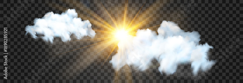 Vector realistic cloud with transparent sunlight. Cloud texture, nature sky with bright sun. Sky nature illustration on png background. Vector weather isolated on transparent background.