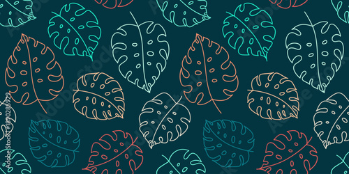 Seamless tropical pattern with line art monstera leaves in green and orange tones. Fresh botanical design perfect for summer, tropical branding, textiles, and surface patterns.
