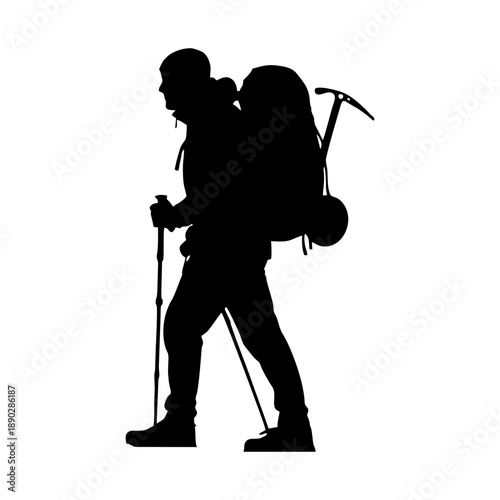 Silhouette of a mountain climber against a white background