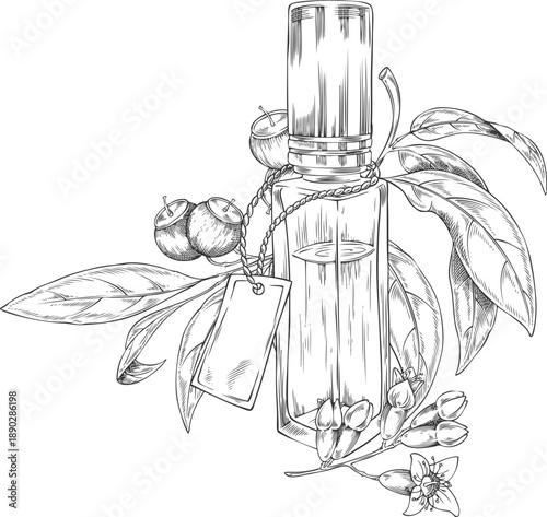 Sandalwood tree and bottle of oil sketch, vector hand drawn engraved essential herbal product, organic cosmetics oil