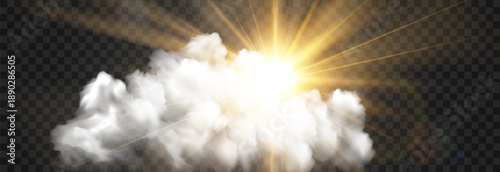 Vector realistic cloud with transparent sunlight. Cloud texture, nature sky with bright sun. Sky nature illustration on png background. Vector weather isolated on transparent background.