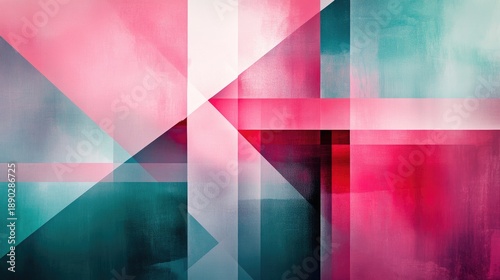 Abstract geometric pattern with overlapping shapes in shades of pink, teal, and white, creating a modern and dynamic visual.