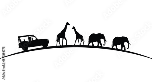 Safari wildlife adventure with jeep, giraffe, and elephants crossing road vector illustration