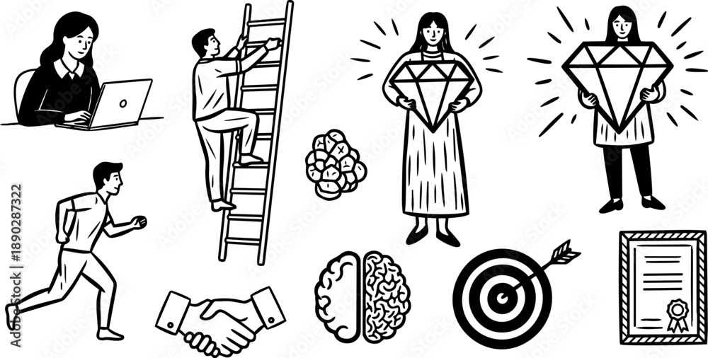 Obraz premium Monochrome line art businesswoman typing on laptop man climbing ladder holding handshake brain target certificate icons
