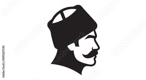 Illustration of a man's profile with a distinctive hat and mustache in a simple, monochromatic style