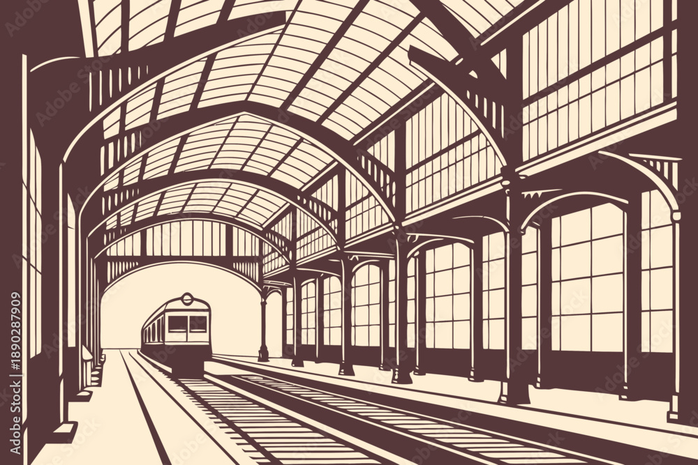 Obraz premium Vintage train station platform with a classic locomotive awaiting passengers for a journey.