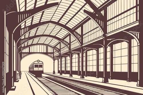 Vintage train station platform with a classic locomotive awaiting passengers for a journey.