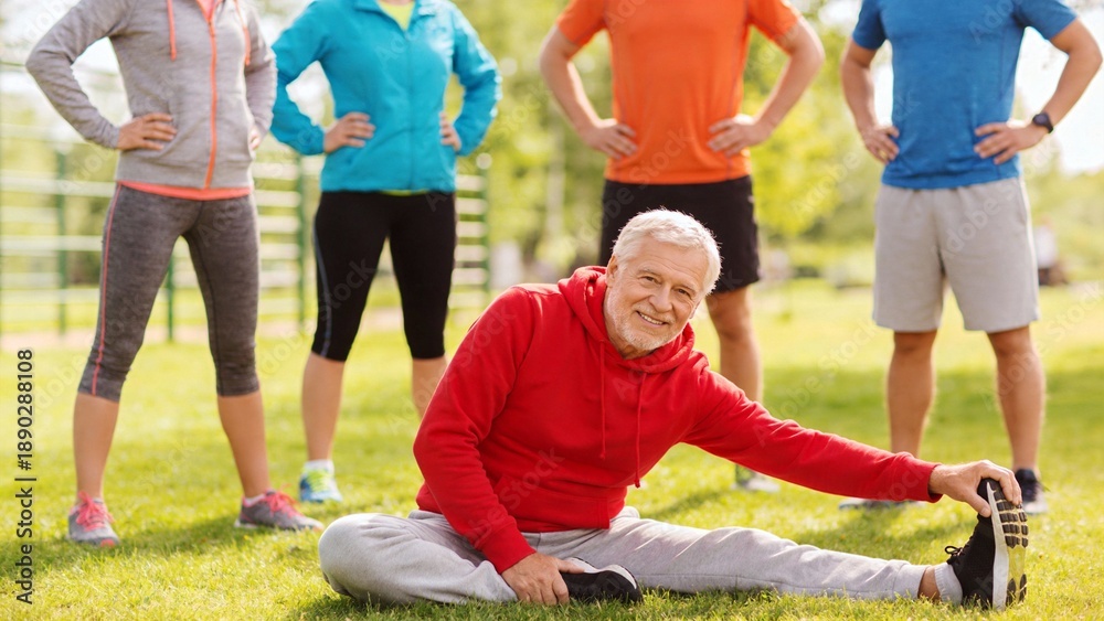 Obraz premium Elderly man stretching with group in park