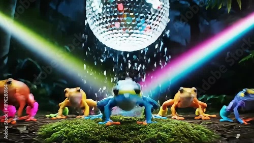 Five Colorful Frogs Dancing Under a Disco Ball in a Vibrant Jungle Setting.